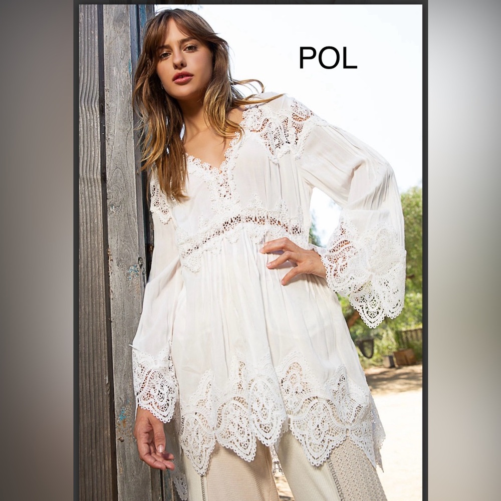 BP212-1⭐️POL pretty White Lace Bohemian top w/lace detdils throughout! Wow! - Picture 2 of 8